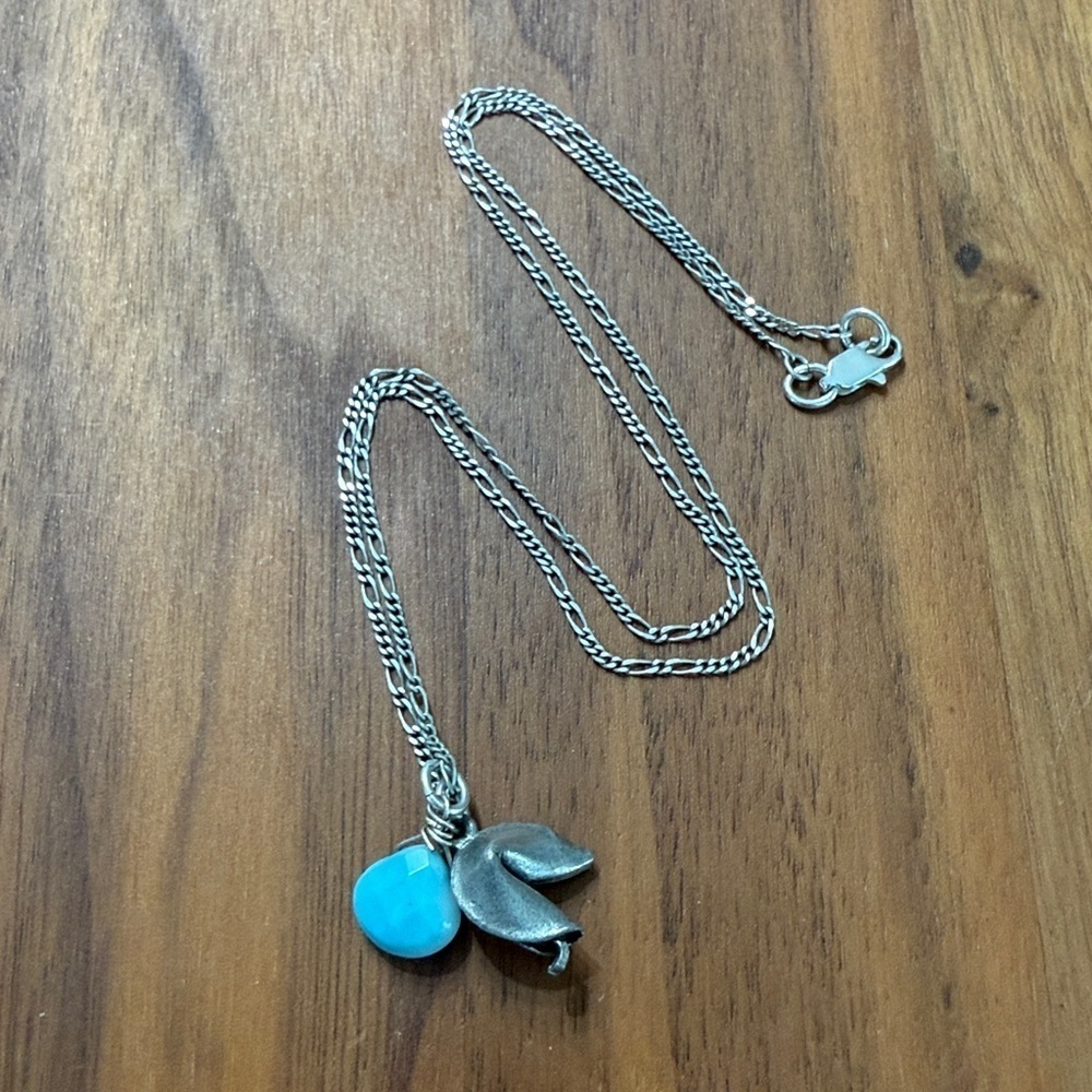 Quirky Silver Tone Fortune Cookie Light Blue Bead Artsy Art to Wear Necklace
